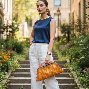 Stunning Wood Bead Diamond Cut‎ Clutch Handbag Purse With Wood Handle Brown Gold